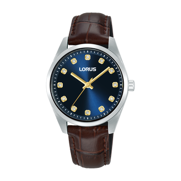 Lorus Blue Dial Stones Gold Hands Brown Leather Women's Watch | RG329XX9